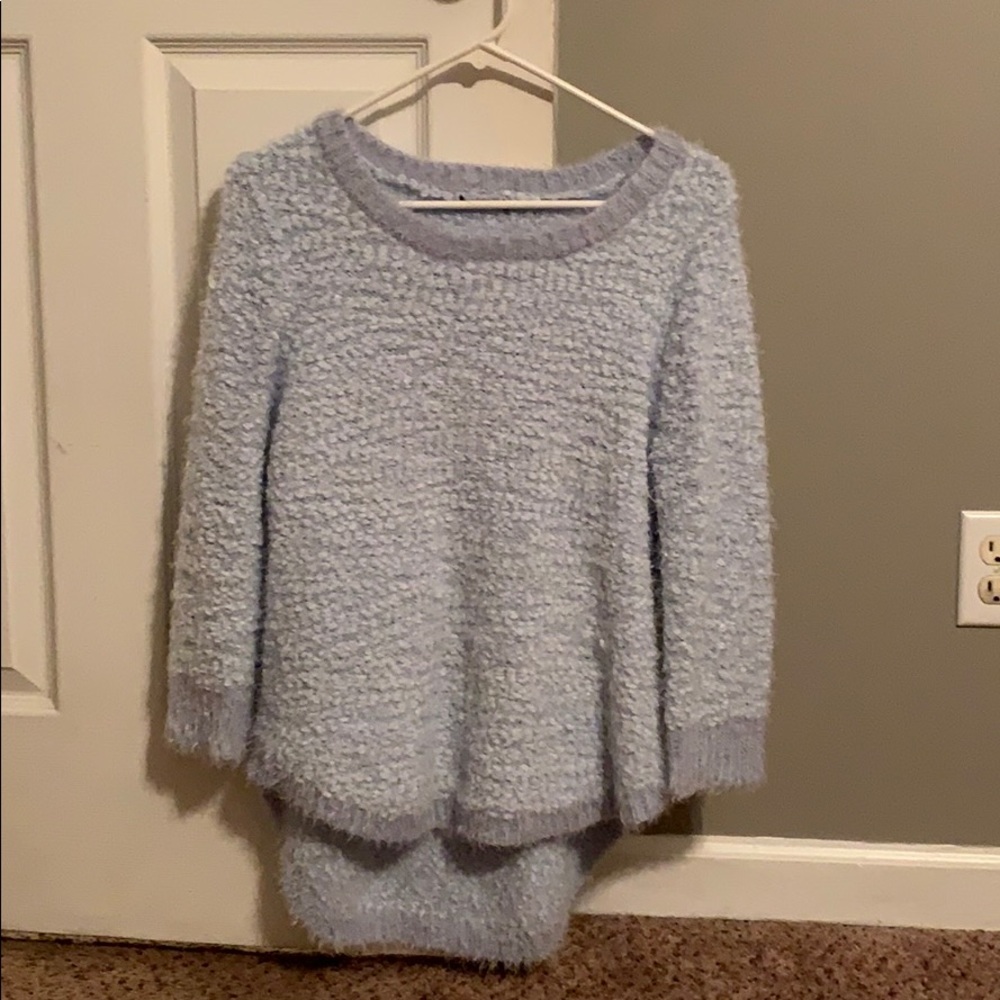 Blue popcorn sweater.